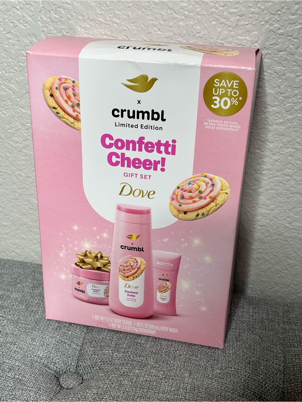 Crumbl Dove Confetti Cheer Limited Edition Gift Set Body Wash Scrub Deodorant